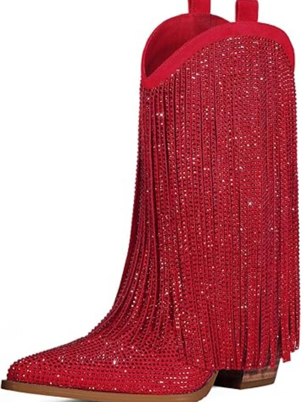 Cowboy Boots Women Western Rhinestone Fringe Chunky Heel Mid Calf Pointed Toe